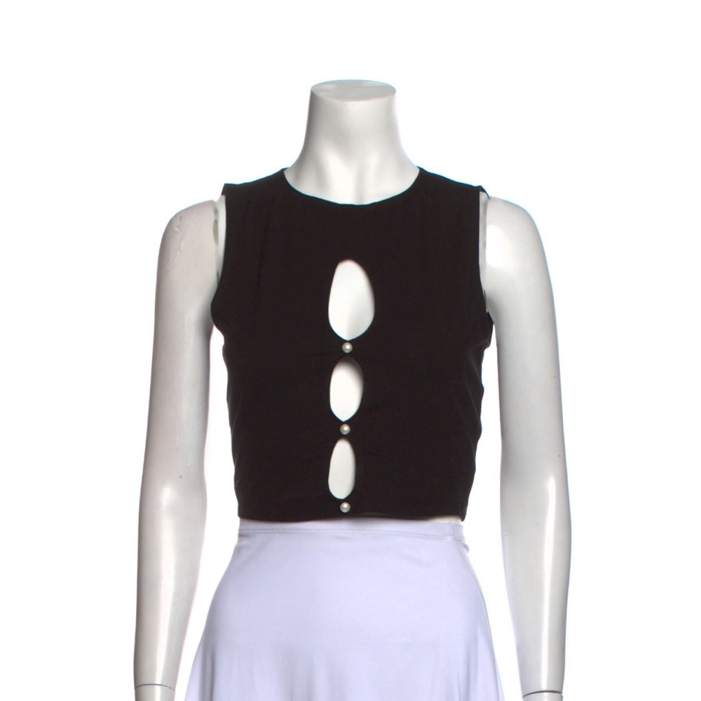 Reformation sleeveless top with cutouts and pearl accents